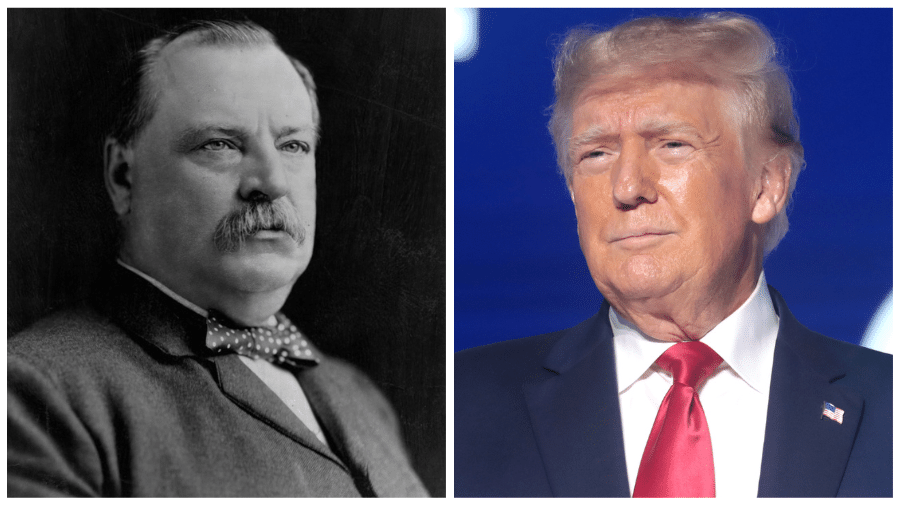 O democrata Grover Cleveland, em 1892; e o republicano Donald Trump, recém-eleito presidente dos EUA