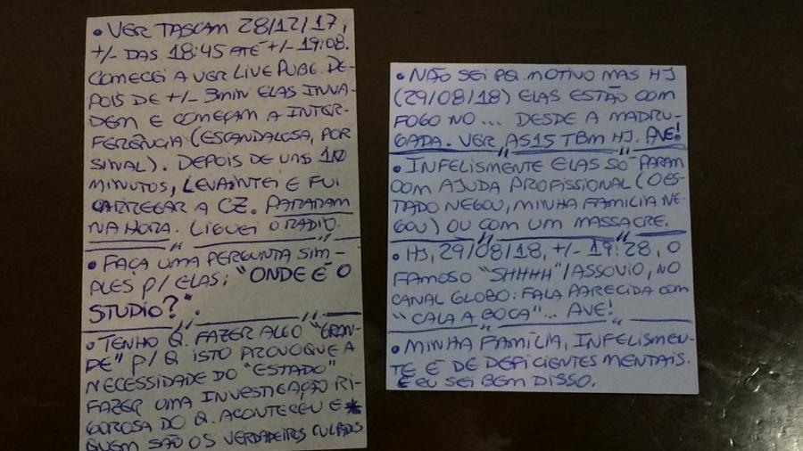 Mensagens escritas pelo atirador de Campinas e deixadas em forma de bilhetes - Janaina Garcia/UOL