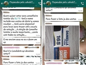 Conversa em grupo de whatsapp em que prometem cesta de natal para quem votar em dois candidatos para o conselho tutelar - Reprodução