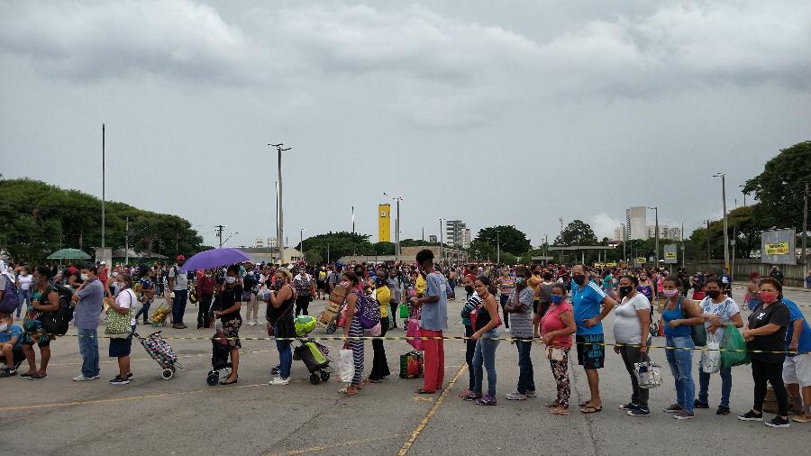 Fila no interior da Ceagesp para receber kit com legumes, verduras e frutas; houve pessoas que chegaram na noite do dia anterior em busca de comida - Marcelo Oliveira/UOL