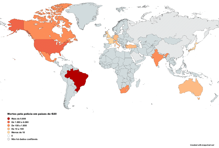 Mapa mostra o número de mortos pela polícia nos países do G20