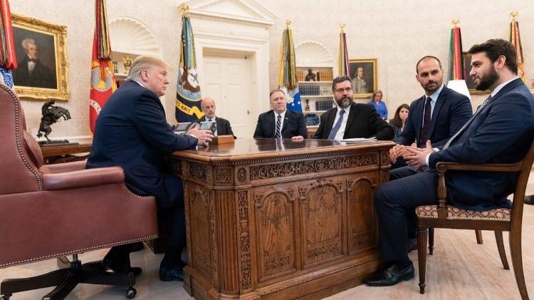 Trump ouve o Filipe Martins, ao lado de Eduardo Bolsonaro, Ernesto Araújo e o ex-secretário de governo americano, Mike Pompeo, na Casa Branca