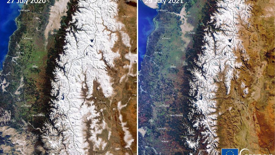 Combinação de imagens, obtidas por um dos satélites Copernicus Sentinel-3, nos dias 27 de julho de 2020 e 29 de julho de 2021 mostra o menor volume de neve na cordilheira dos Andes - DG DEFIS/Divulgação via Reuters