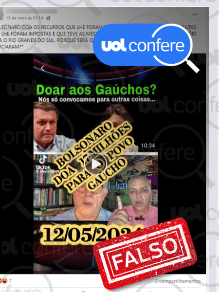 16.mai.2024 - Fala sobre doação de Bolsonaro ao RS é ficção tirada de contexto