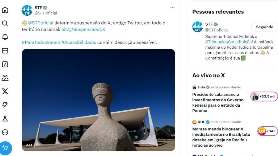 Antes da rede cair, STF postou no X ordem para bloqueio do site no Brasil