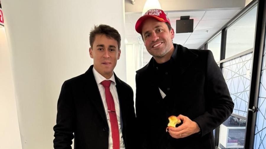 Pablo Marçal encontra o deputado federal Nikolas Ferreira (PL-MG) nos Estados Unidos, no dia da posse do republicano Donald Trump