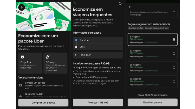 Capturas da tela de configuração dos novos recursos fixo e pré-pago da Uber