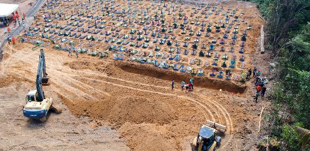 21.abr.2020 - Cova coletiva aberta em cemitério de Manaus: prefeitura diz que medida é necessária para dar conta do grande número de sepultamentos causados por casos confirmados ou suspeitos de covid-19