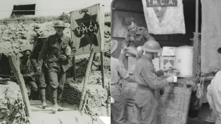 Cabanas montadas pela YMCA na Primeira e na Segunda Guerras Mundiais, respectivamente