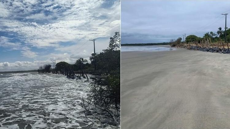 Sacos de areia posicionados pelos morados para amenizar o impacto do avanço da maré (alta à esquerda/baixa à direita) Sacos de areia posicionados pelos morados para amenizar o impacto do avanço da maré (alta à esquerda/baixa à direita)