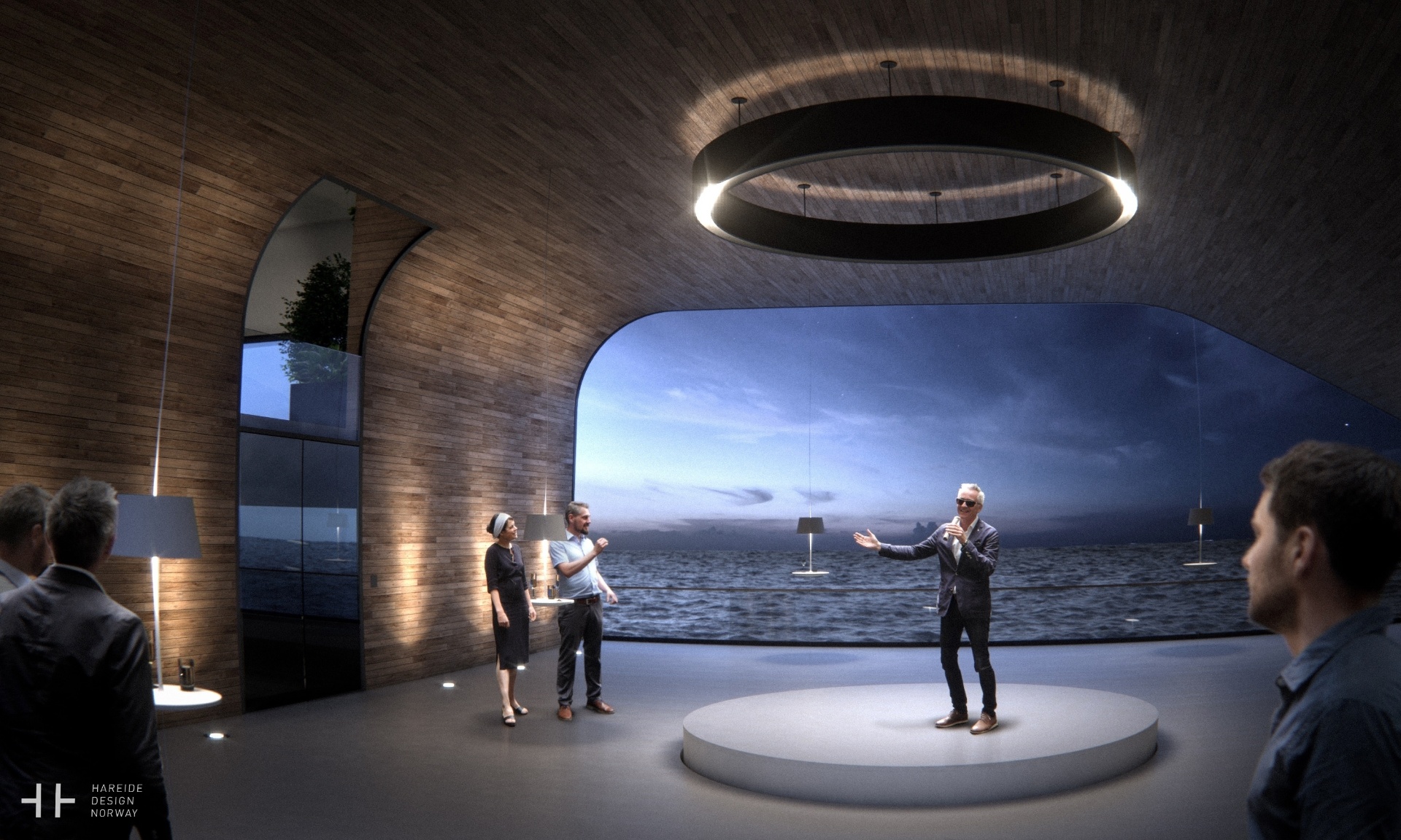 05.ago.2016 - A aposta para o hall central é entretenimento: festas, reuniões e até shows sem perder de vista a paisagem ao redor, graças às janelas de vidro - Divulgação