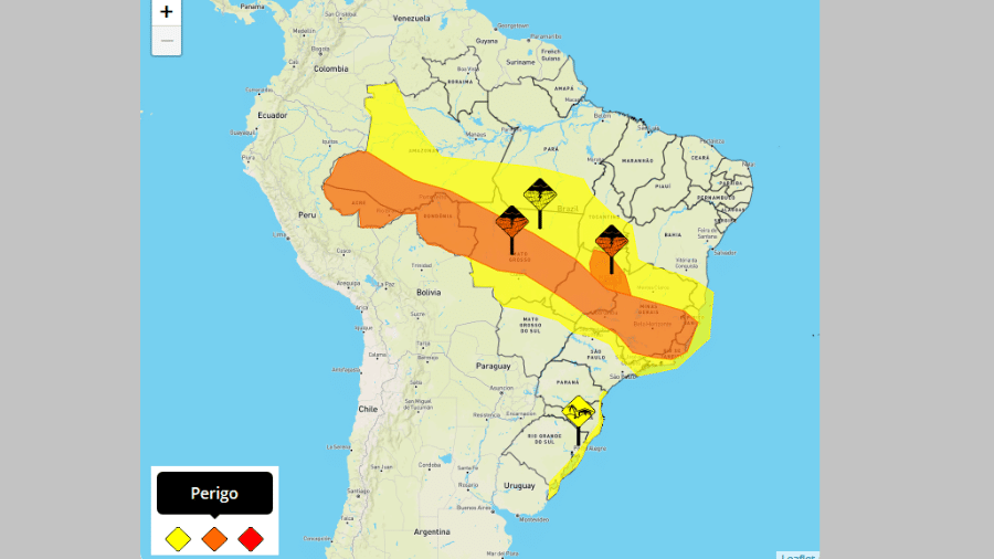 16.out.2021 - Mapa do Inmet indica "perigo" nas áreas em laranja e "perigo potencial" nas regiões em amarelo - Reprodução/Inmet/16.out.2021