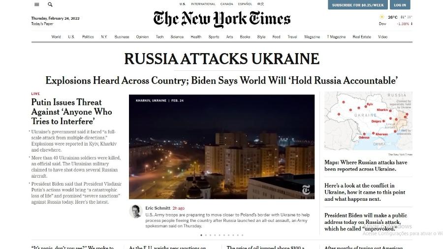 New York Times destaca invasão russa e novas sanções de Biden - Reprodução/NYT