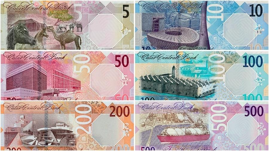 Notas de riais, a moeda do Qatar, sede da Copa do Mundo - Divulgação/ Banco Central do Qatar