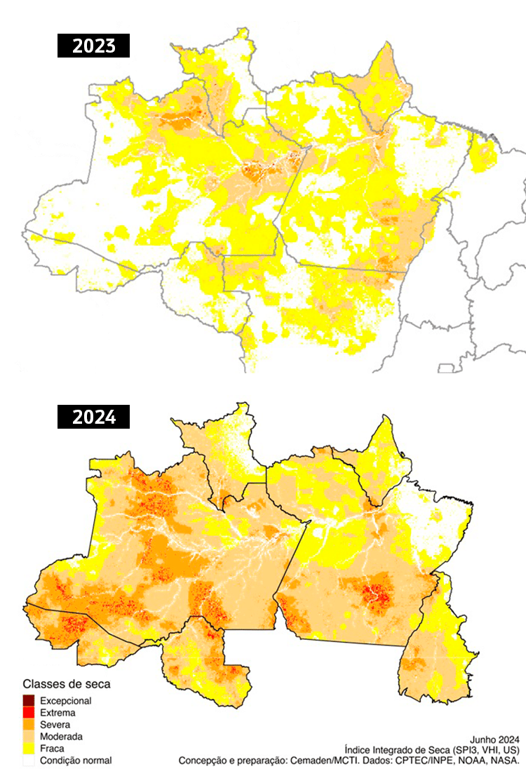 Mapa mostra situação de seca agravada na Amazônia este ano