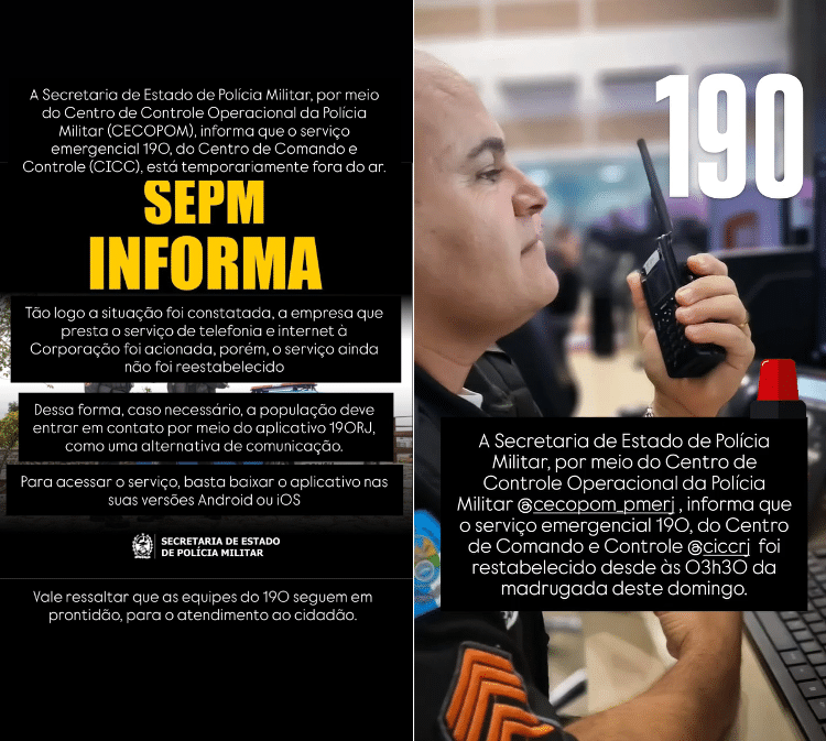 Comunicados publicados pela PMRJ no Instagram