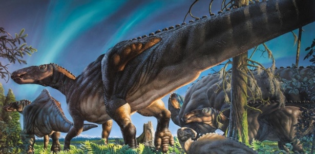 Cientistas do Museu Universidade do Alasca do Norte descobriram recentemente uma nova espécie de dinossauro, a  "Ugrunaaluk kuukpikensis" - Ilustração de James Havens