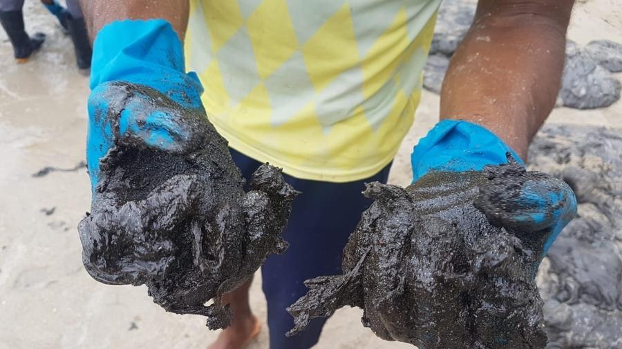 Voluntários tiram placas de óleo das praias do Nordeste - Clemente Coelho / Instituto Bioma Brasil