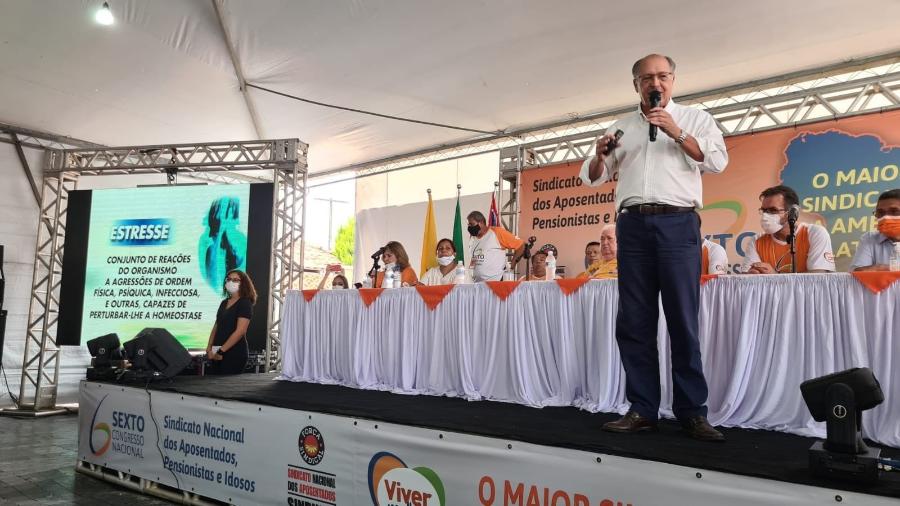Geraldo Alckmin em Mongaguá, no Congresso do Sindicato Nacional dos Aposentados, Pensionistas e Idosos - Reprodução/Twitter