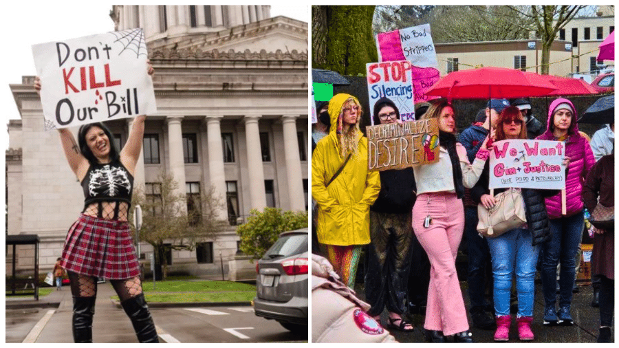 Membros do Strippers are Workers fazem manifestação a favor da aprovação da lei, em Washington 