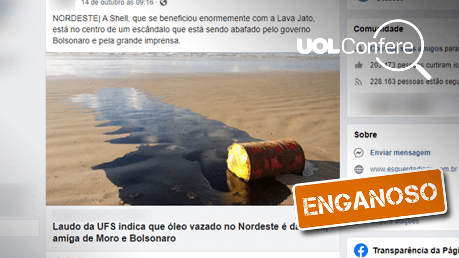 22.out.2019 - Comprova - É enganosa publicação que atribui à Shell responsabilidade pelo óleo encontrado em praias do Nordeste - Arte/UOL