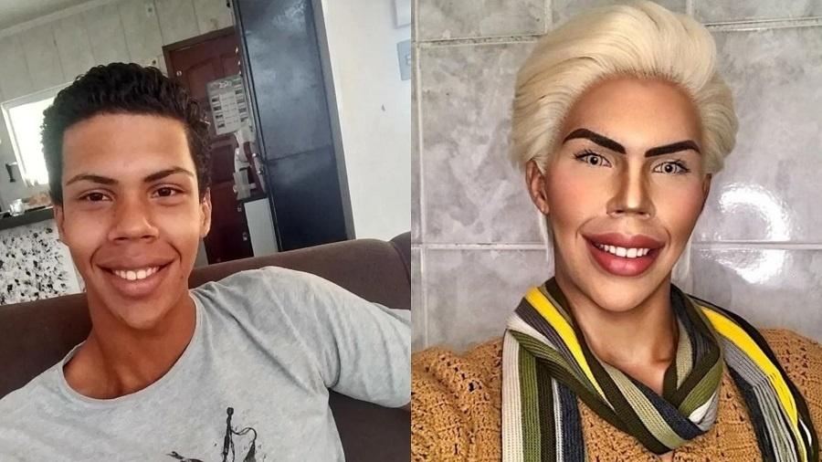 Felipe disse que gasta mais de R$ 150 por mês com a compra de maquiagens para usar e se parecer com o boneco - Reprodução e Reprodução/Instagram/felipe__adam