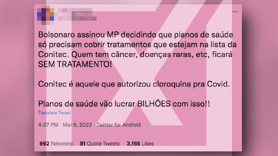 10.mar.2022 - Post traz alegação falsa de que Bolsonaro assinou medida provisória que levaria pessoas com câncer a ficarem sem tratamento - Projeto Comprova