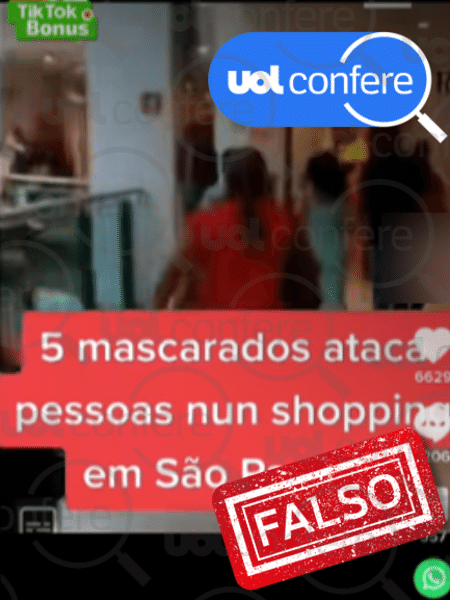 18.abr.2023 - Vídeo não mostra ataque, mas fuga durante incêndio em sala de cinema em shopping em São Luís - Arte/UOL Confere sobre Reprodução/TikTok