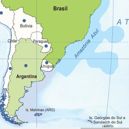 IBGE coloca Brasil no centro do mapa múndi e atribui Ilhas Malvinas e Ilhas Geórgia do Sul e Sandwich ao território argentino