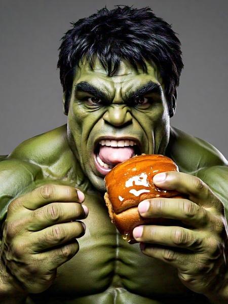 Imagem criada pela Meta IA para atender ao pedido para elaborar o Hulk comendo um pão de mel