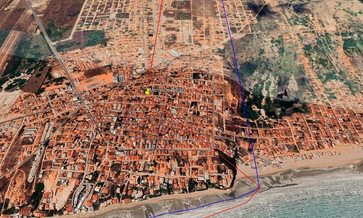 Linhas traçadas em imagem de satélite mostra diferença de área que seria real e a demarcada de forma errônea pelo IBGE Linhas traçadas em imagem de satélite mostra diferença de área que seria real e a demarcada de forma errônea pelo IBGE
