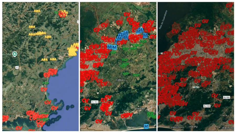 Mapa colaborativo indica, por siglas, o domínio territorial de facções como Comando Vermelho (CV), Terceiro Comando Puro (TCP) e milícia (M); ferramenta é atualizada por moradores e motoristas. Mapa colaborativo indica, por siglas, o domínio territorial de facções como Comando Vermelho (CV), Terceiro Comando Puro (TCP) e milícia (M); ferramenta é atualizada por moradores e motoristas.