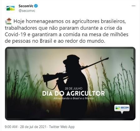 Secom apagou publicação com foto de homem armado em comemoração ao Dia do Agricultor - Reprodução/Twitter - Reprodução/Twitter
