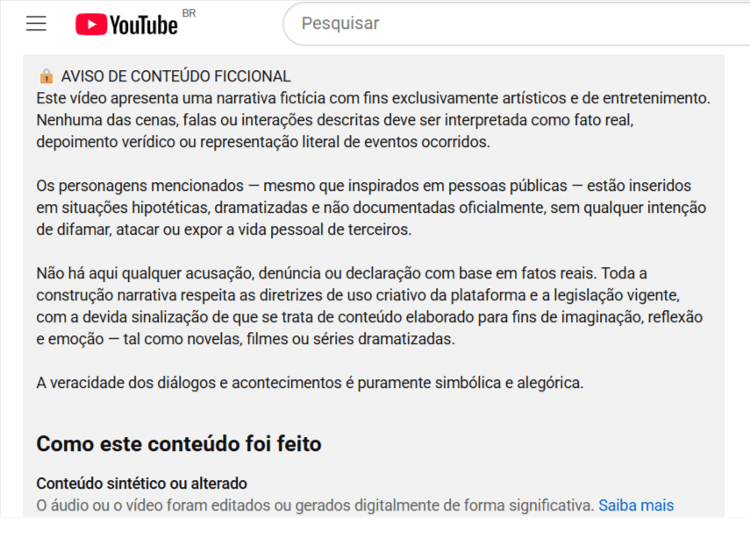 Descrição de vídeo original de supostas críticas de Janja a Leonardo contém aviso de que se trata de conteúdo fictício Descrição de vídeo original de supostas críticas de Janja a Leonardo contém aviso de que se trata de conteúdo fictício