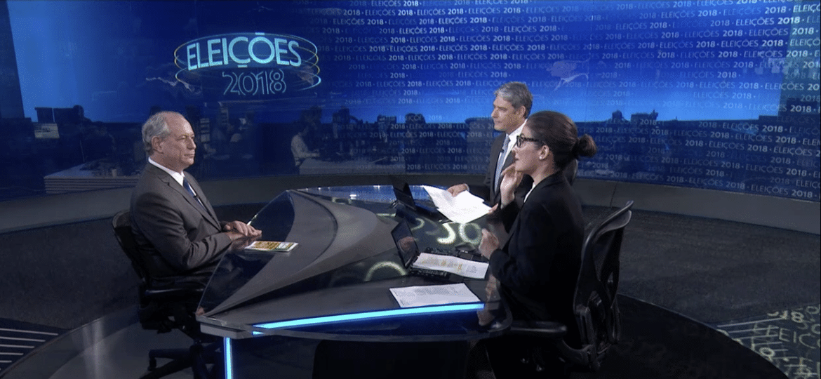 O candidato à Presidência da República Ciro Gomes (PDT) durante entrevista ao "Jornal Nacional", nas eleições, em 2018 - Reprodução/TV Globo