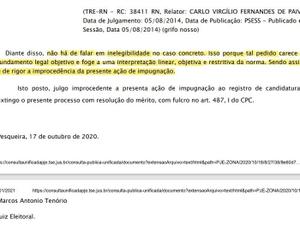 Trecho da decisão da Justiça Eleitoral de Pesqueira (PE) que, em outubro, autorizou a candidatura de Cacique Marquinhos (Republicanos) - Reprodução - Reprodução