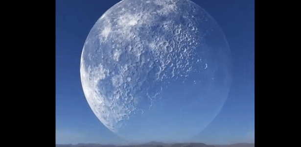 O vídeo de uma enorme Lua cruzando o céu é uma criação feita em
