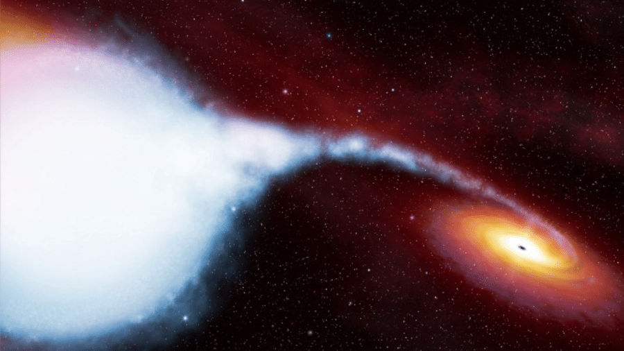 Sistema binário que consiste em uma supergigante azul e um buraco negro (direita); raio-x emitido de sistema permitiu descoberta de novo planeta - Reprodução/ESA/Hubble