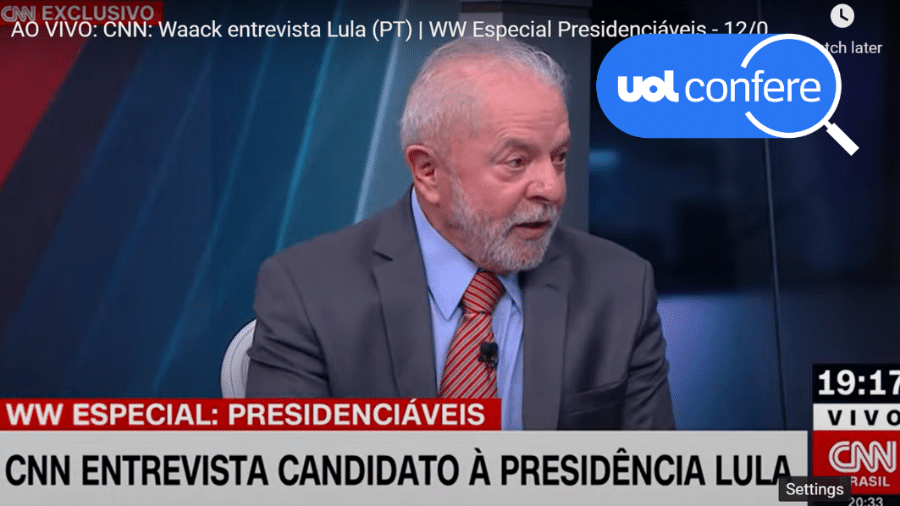 12.set.2022- Luiz Inácio Lula da Silva em entrevista à CNN - Arte/UOL Confere sobre Reprodução/YouTube