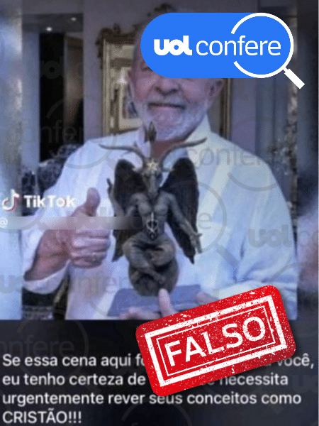 21.jun.2023 - Post compartilha montagem de Lula segurando estatueta de Baphomet para enganar - Arte/UOL sobre Reprodução/WhatsApp