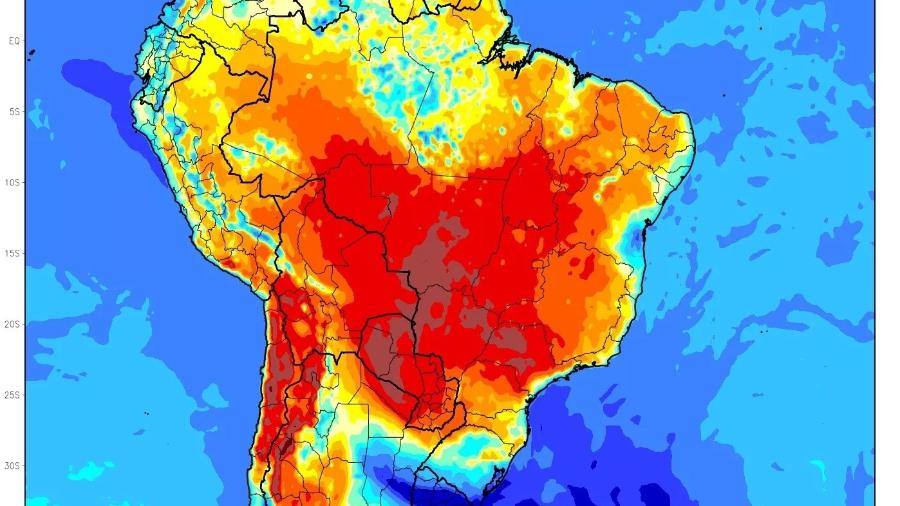 Grande parte do país enfrentará uma onda de calor extremo, a sétima registrada este ano - Reprodução/MetSul Meteorologia