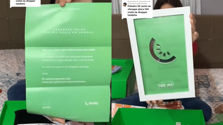 Criança mostra em publicação no TikTok placa que recebeu de plataforma e carta que diz: "Parabéns pelos 100 mil reais em vendas"