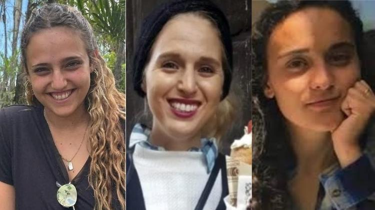 Da esquerda para direita, Romi Gonen, Doron Streinbrecher e Emily Damari, reféns de Israel em Gaza