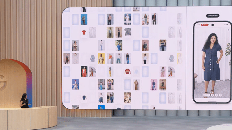 Apresentação do Google mostra IA "provando" roupas novas sobre foto digital do corpo da pessoa Apresentação do Google mostra IA "provando" roupas novas sobre foto digital do corpo da pessoa