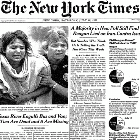 Capa do New York Times de julho de 1987 mostra drama de vítimas de tragédia provocada por enchente no Texas Capa do New York Times de julho de 1987 mostra drama de vítimas de tragédia provocada por enchente no Texas
