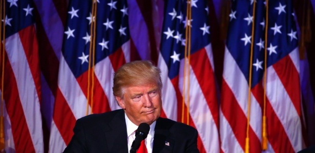 O presidente eleito Donald Trump discursa logo após vencer as eleições, em Nova York - Eric Thayer/The New York Times