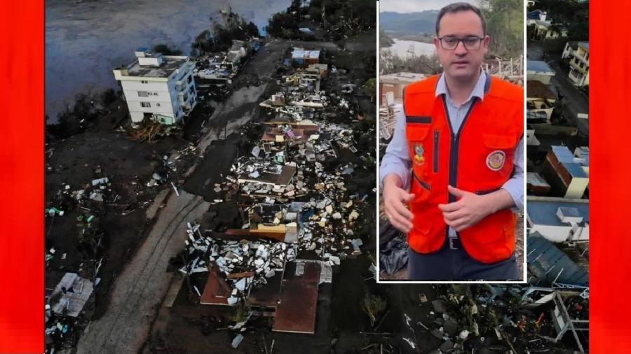 Cidade de Muçum, destruída pelo ciclone extratropical; no destaque, o prefeito de Diogo Segabinazzi Siqueira (PSDB), que levantou questões, inclusive nas redes, que estão na origem de "fake news" absurdas