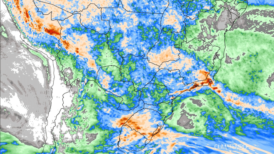 Áreas amarelas e vermelhas vão ter volume maior de chuva entre os dias 20 e 24 de março, após chegada de frente fria no Sul e Sudeste