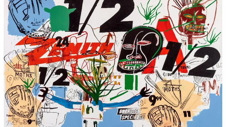  a união da serigrafia de Warhol com a arte de rua de Basquiat. Esta pintura de 3x4 metros está avaliada em US$ 18 milhões e é uma das 160 criadas pela dupla.