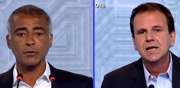28.set.2018 - Romário (esq.) ironiza gestão de Eduardo Paes (dir.) em debate na Record